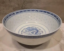 Tienshan Translucent Rice Grain Blue/ White Dragon & Bats Serving Bowl 8"x 3.25"
