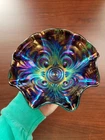 Purple Imperial Carnival Glass Scroll Embossed Bowl Hobstar & Tassle Exterior