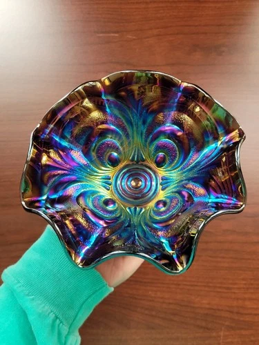 Purple Imperial Carnival Glass Scroll Embossed Bowl Hobstar & Tassle Exterior