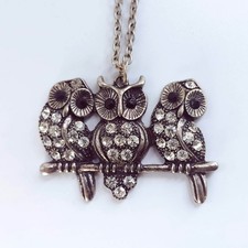 Owl Bird Pendant Antiqued Silver with Clear Black Rhinestone