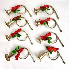 Lot of 8 Vintage Brass French Horns Ornaments 6.5” with Sprigs of Holly Berries