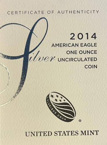2014-W Burnished American Uncirculated Silver Eagle Mint Issued COA (NO Coin)