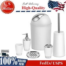 6-Piece White Bathroom Set Durable PP Modern Design Trash Can Included