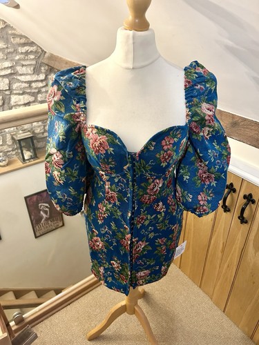 ASOS Design Tapestry Corset Mini Dress Floral Blue Size 10 BWNT Puff Sleeve