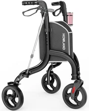 Homland Foldable 3 Wheel Rollator Walker Weighing Only 10.4 Lbs, 8" Wheels, Blk