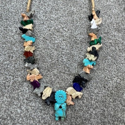 Vtg Zuni Sunface Kachina Fetish Necklace With 34 Carved Stone Animals 32'' Long