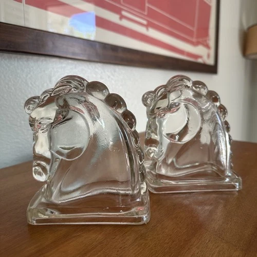 Federal Glass Horse Head Bookends Pair Vintage Clear Glass Horse Book Ends MCM