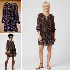Ulla Johnson Aida Silk Dark Boho Floral Peasant Dress 0 XS, S? Long Sleeve $494