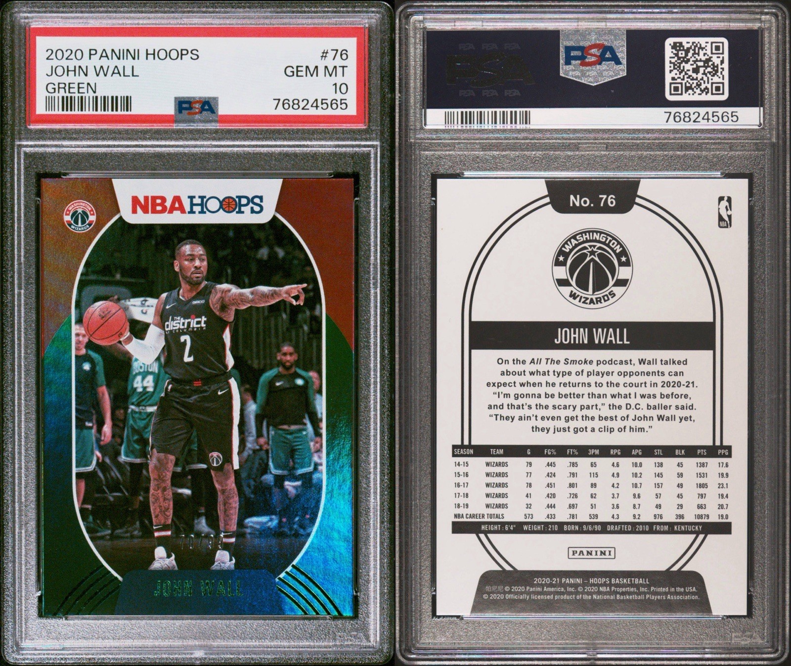 2020 Panini Hoops John Wall Green Parallel /99 #76 PSA 10 GEM MT Wizards view 3