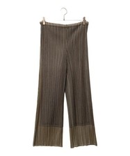 Pleats Please Japanese Mesh Pleated Palazzo Pants M Fringe Check Pattern Brown