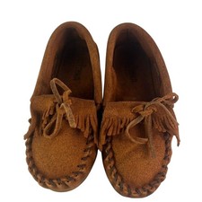 MINNETONKA Moccasin Casual Shoes Youth Kids US 2 Brown Suede Slip On Fringe 2402