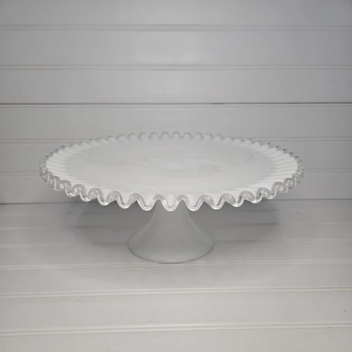 Vintage Fenton Silver Crest Milk Glass Cake Stand, 13" Ruffled Edge