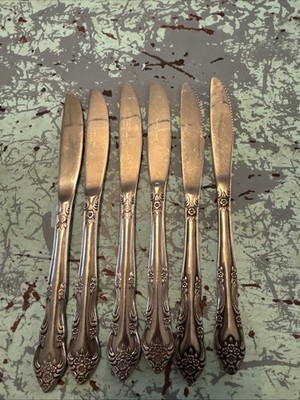 Rogers ''DREAM ROSE'' aka ''Rose Bud'' 6 Dinner Knives Stainless Flatware Korea