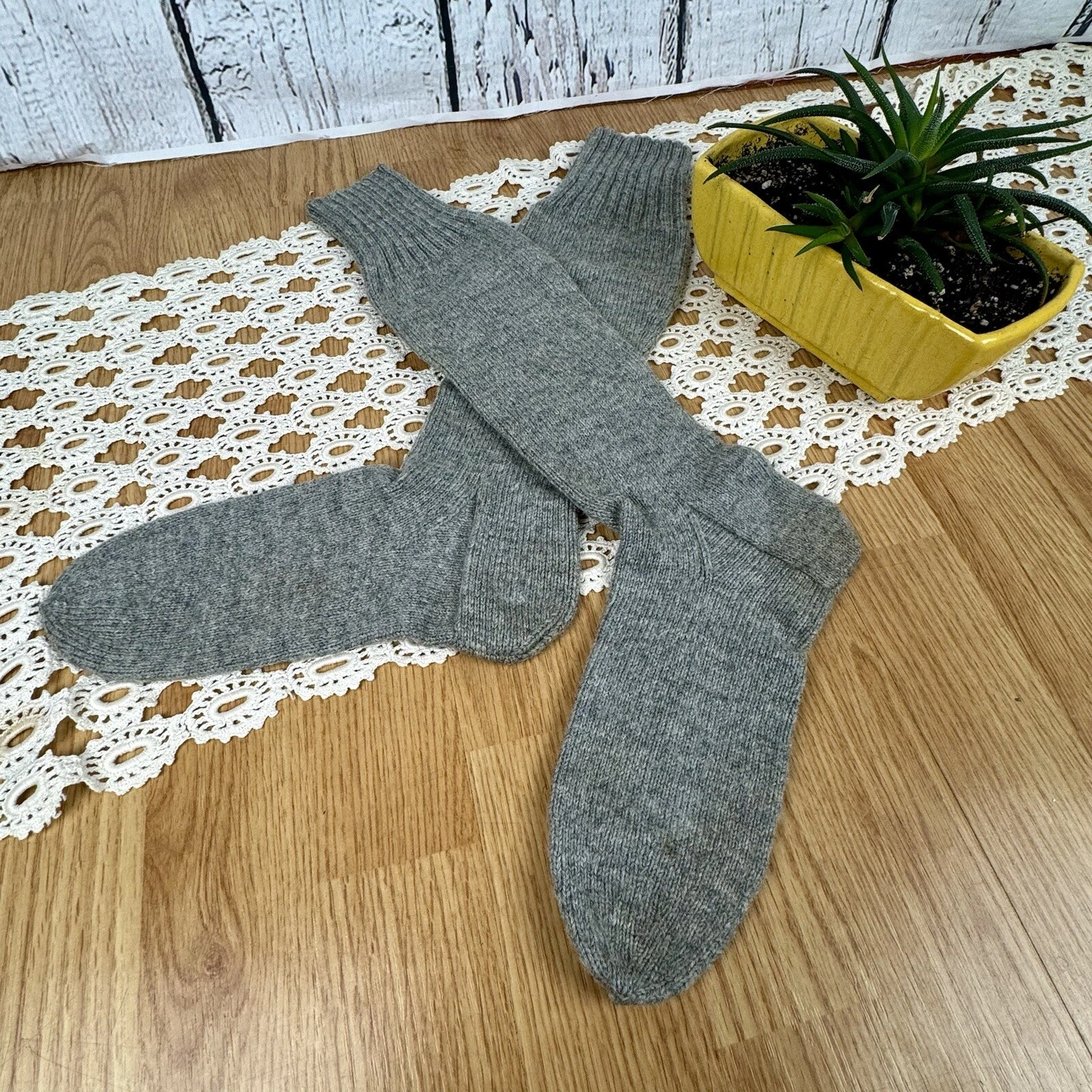 Antique Vintage Hand Knit Wool Socks Gray Close Knit Mens Size 8 Womens 9 1/2