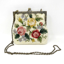 Vtg Cream Beaded Embroidered Flowers Crocheted Evening Bag Clutch Purse