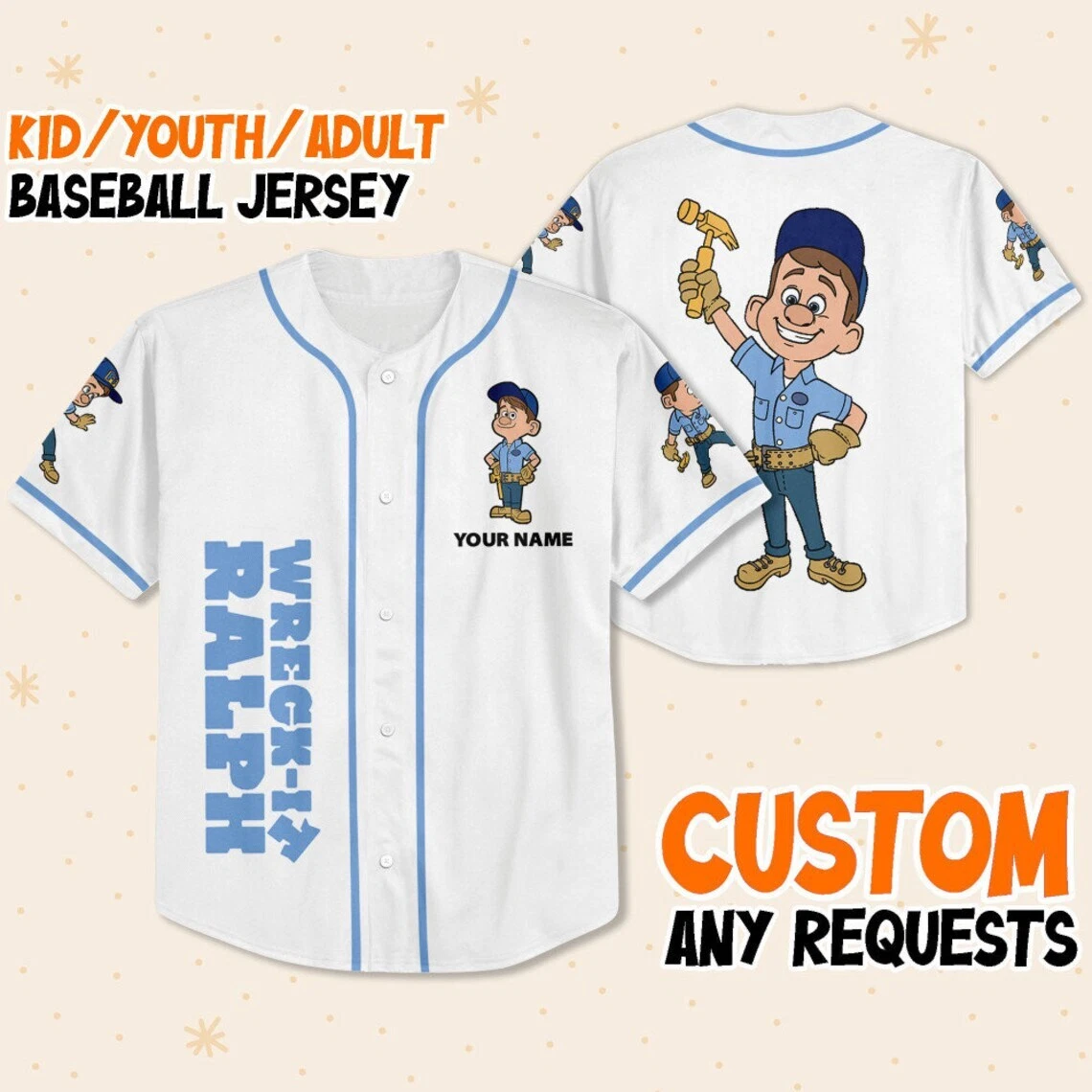 Custom Disney Wreck it Ralph Felix Simple, Custom Baseball Jersey