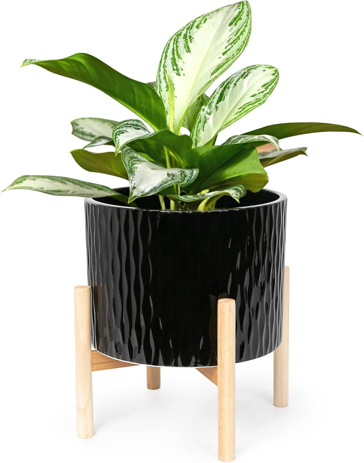 Ceramic 10 Inch Plant Pot with Wooden Stand - Modern Round Planter for Indoor Greenery  