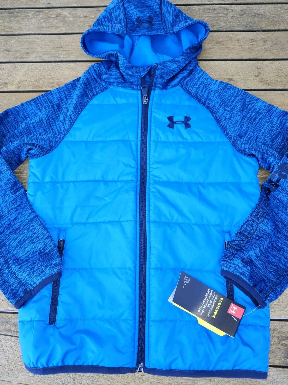 NEW boys youth S Under Armour XStorm blue hooded jacket water resistant coldgear