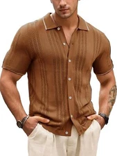 Men's Casual Knit Polo Shirt Hollow Out Button Down Shirts NEW