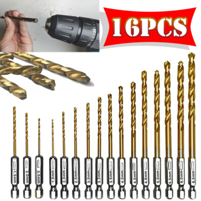 16Pcs Steel Titanium Coated Drill Bit Set 1.5-6.5mm Hexagonal Handle Twist Drill