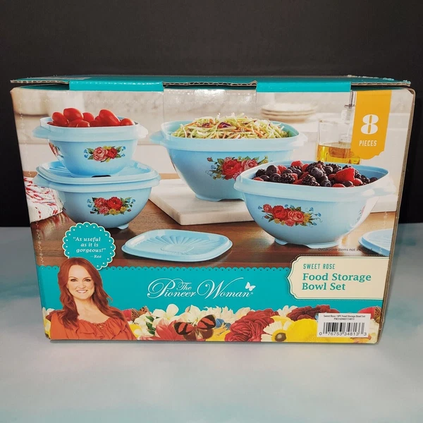 The Pioneer Woman "Sweet Rose" Print in Blue-Food Storage Bowl Set -8 Pieces-NEW