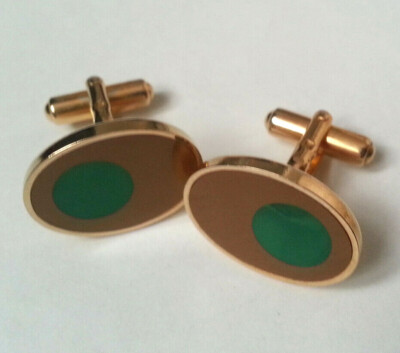 Paire De Boutons De Manchette Vintage Plaqué Or - Style Art Déco, Ovale Vert Et Marron