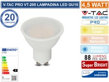 20 LAMPADA FARETTO SPOT LIGHT LED V-TAC PRO GU10 4,5W 100° 400LM CHIP SAMSUNG