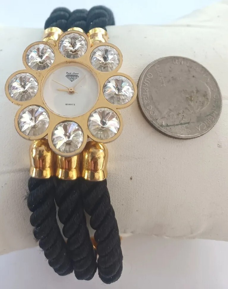 Vintage Park Lane Gold Tone Watch Black Cord Band Crystal Accents Tested J279 Vintage Park Lane Watch Women Gold Tone Round Large Crystal  main image 4