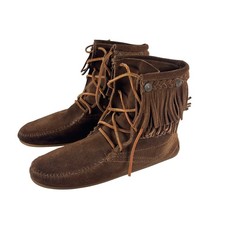 Minnetonka Brown Suede Fringe Ankle Boots Lace Up Moccasin Sz 8 Boho Hippie