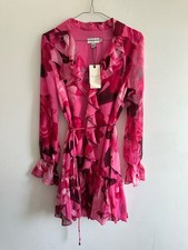 TED BAKER DRESS PINK FLORAL CHIFFON NEW 8 10 12 14 Long Sleeve V neck SHORT