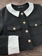 SHEIN Women's M Black Tweed Cropped Jacket with White Collar Cuffs Gold Buttons