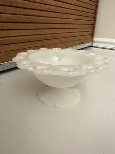 VTG Milk Glass Compote Pedestal Bowl Open Lace Edge Candy Dish Mid Century