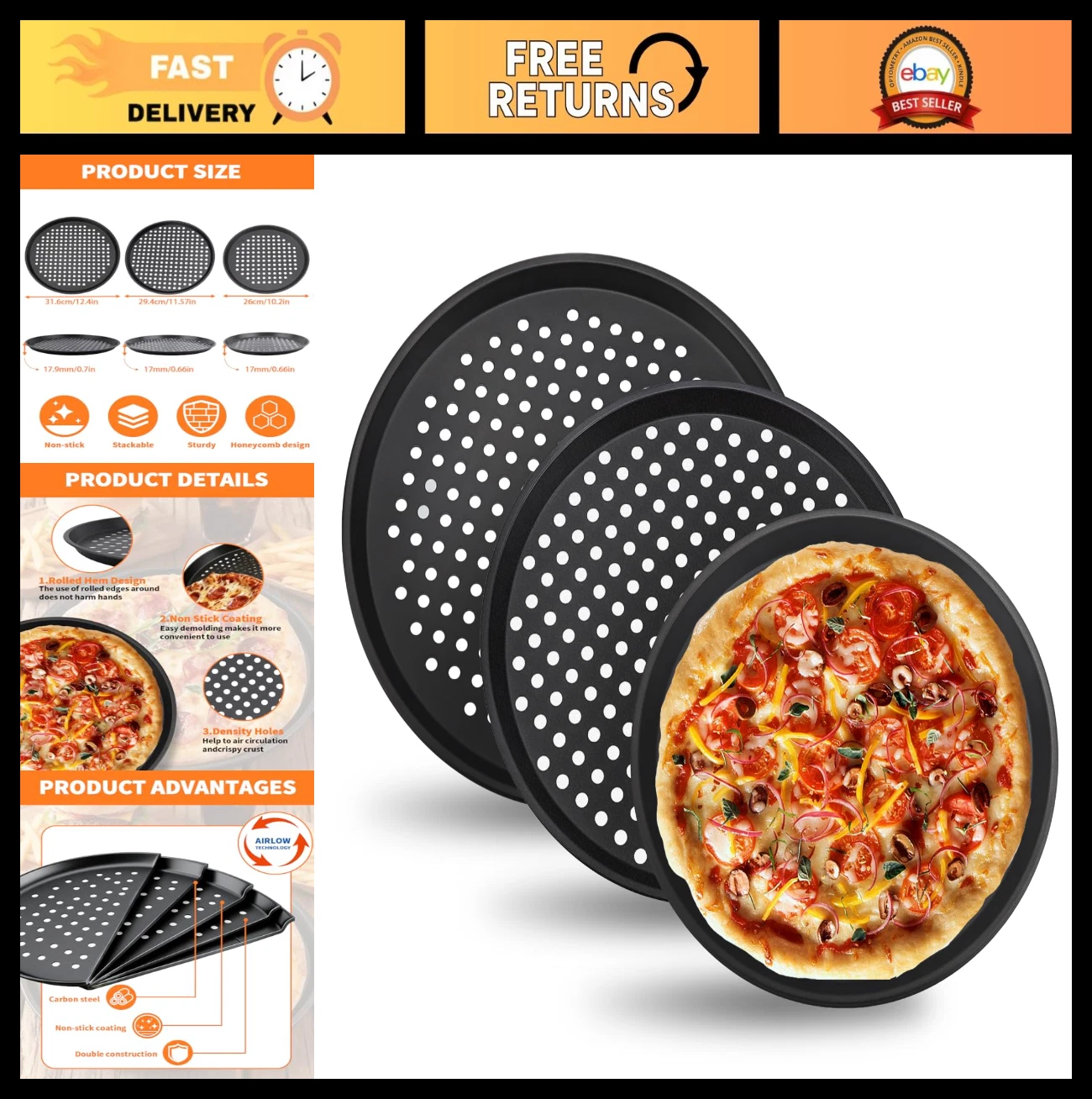 3 PCS Nonstick Perforated Pizza Pans Set, 10/11/12 Inch Carbon Steel Bakeware fo