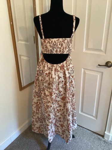 Antiguo Vestido de Sol Azul Marino Grande Cami Crema Floral MIDI Espalda Abierta Calado Ligero - Imagen 3 de 11