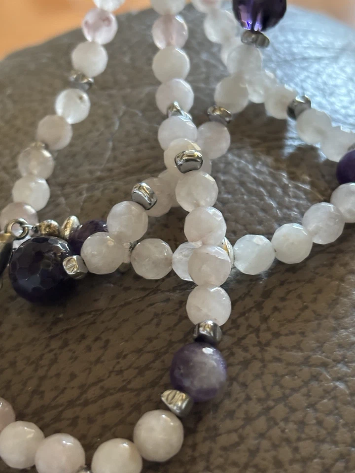 Collana Collane Pietre Dure Ossidiana Ametista Acciaio Lunga Multigiro - Immagine 4 di 4