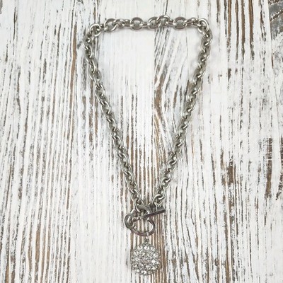 Silver Tone GUESS Chain Link Necklace Heart Key Toggle Rhinestone Dome Pendant 