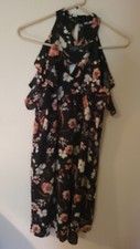 Maurices XL Dress Ruffle Neck Sleeveless Black Mauve Floral Lined Button Neck Ke