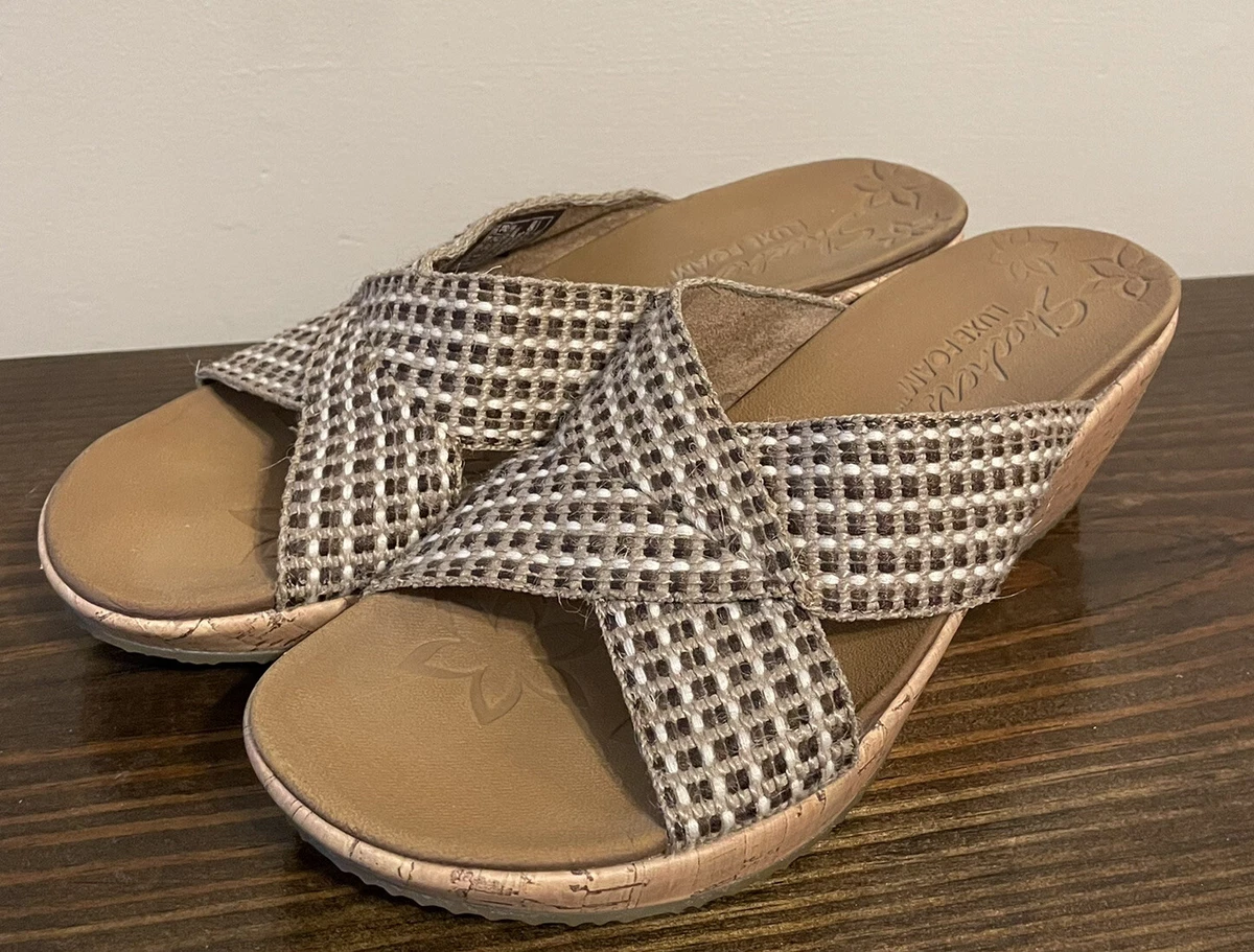 Skechers Beverlee Delighted Cork Wedge Sandals Luxe Foam 9 Brown