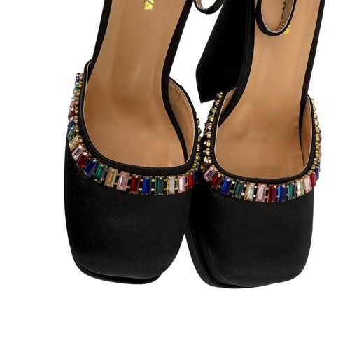 Moda Nova Aloyse platform tacco grosso gioiello arcobaleno taglia 8,5 raso nero - Foto 4 di 11