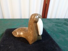 Adorable Vintage Russian Stone Carved Walrus Figurine w/Quartz Tusks