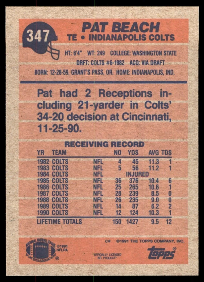 1991 Topps Pat Beach Indianapolis Colts #347 - Image 2 of 2