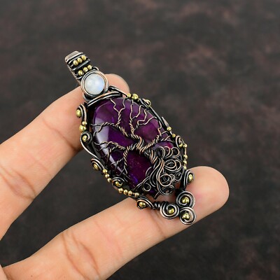 Purple Fire Labradorite Wire Wrapped Tree Of Life Pendant Copper For Women 2.8''