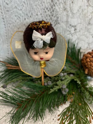 VTG. CHRISTMAS BURNETTE PIXIE ANGEL HEAD WINGS ORNAMENT PICK JAPAN LABEL 1950'S