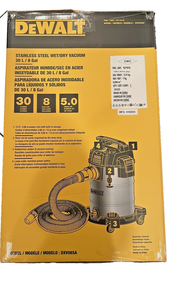 DeWalt Wet Dry Shop Vac Stainless 8 Gallon 5.0 HP Hose & Accessories Sealed Box eBay