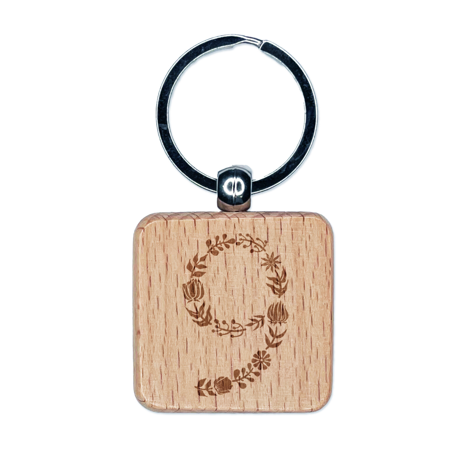 Elegant Botanical Floral Number 9 Engraved Wood Square Keychain Tag Charm