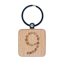 Elegant Botanical Floral Number 9 Engraved Wood Square Keychain Tag Charm