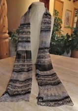Oblong abstract semisheer scarf; crinkled; brown white tan 64x14; poly 