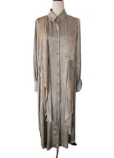 Tien Officiel Dress 100% Silk Button Ecco Leaf Print Beige Women's Small