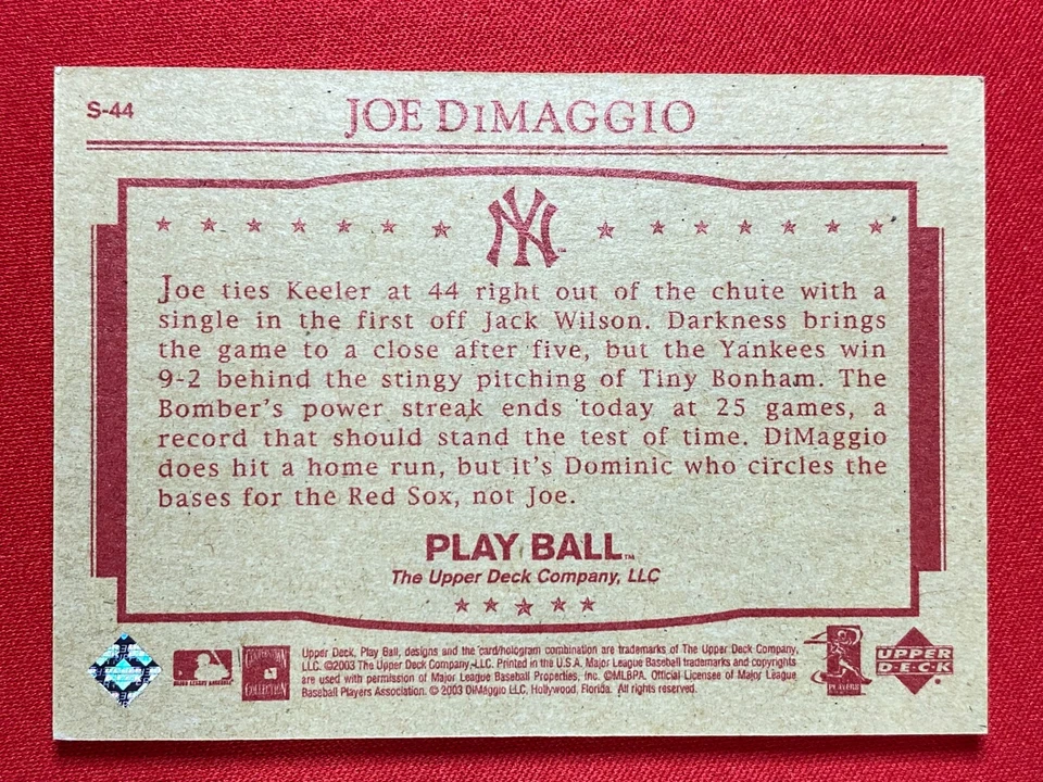2003 UD Play Ball #S-44 Joe DiMaggio Yankee Clipper: 1941 Streak - Image 2 of 2