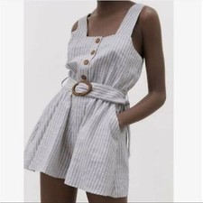 Zara linen blend white  blue striped belted romper jumpsuit NEW